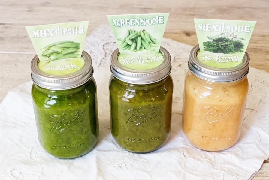 Three small mason jars containing different homemade pepper sauces for greens with recipe cards