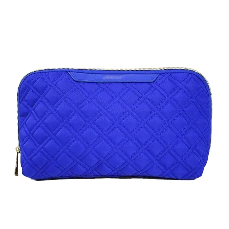 

Zipper Nylon Cosmetic Bag Makeup Pouch Quilted Bright Color blue Custom logo Eco Friendly Durable Fashion Lattice Ladies, Blue, customized