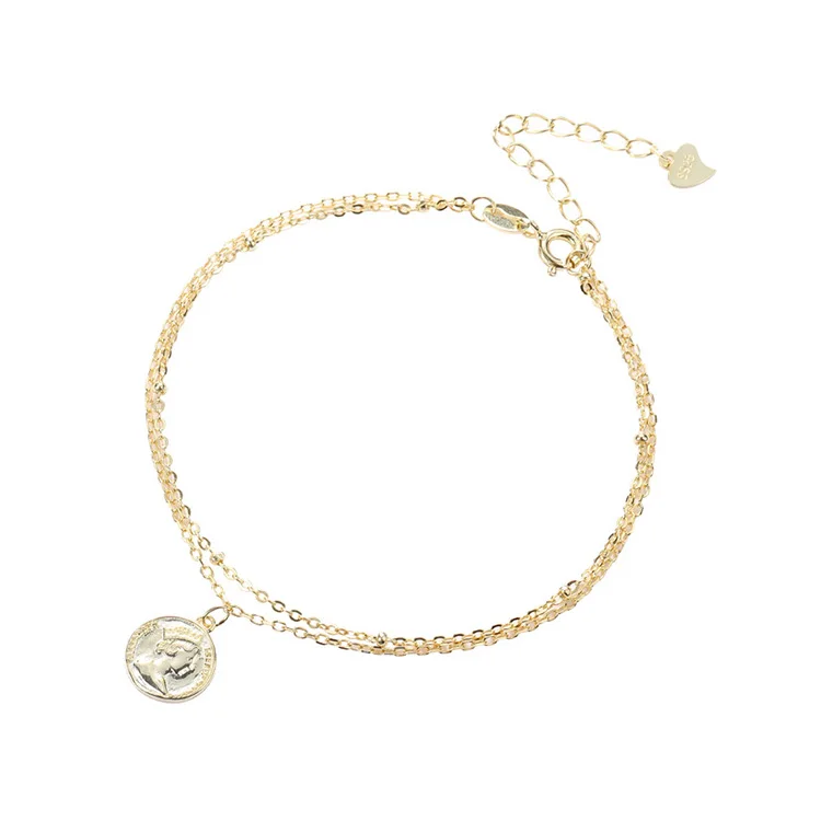 

Simple style antique 925 sterling silver jewelry gold plated double thin chain with vintage coin pendant charm bangles bracelet