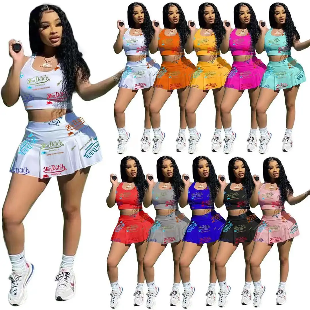 

2021 new arrivals von dutch women two piece skirt set women's camis tank tops and pleated tennis skirt active wear