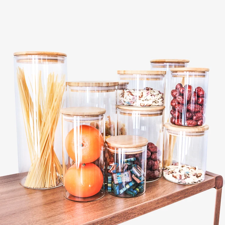 

Glass Material Eco-friendly Feature Borosilicate Food Glass Storage Jar with Bamboo Press Lid, Clear