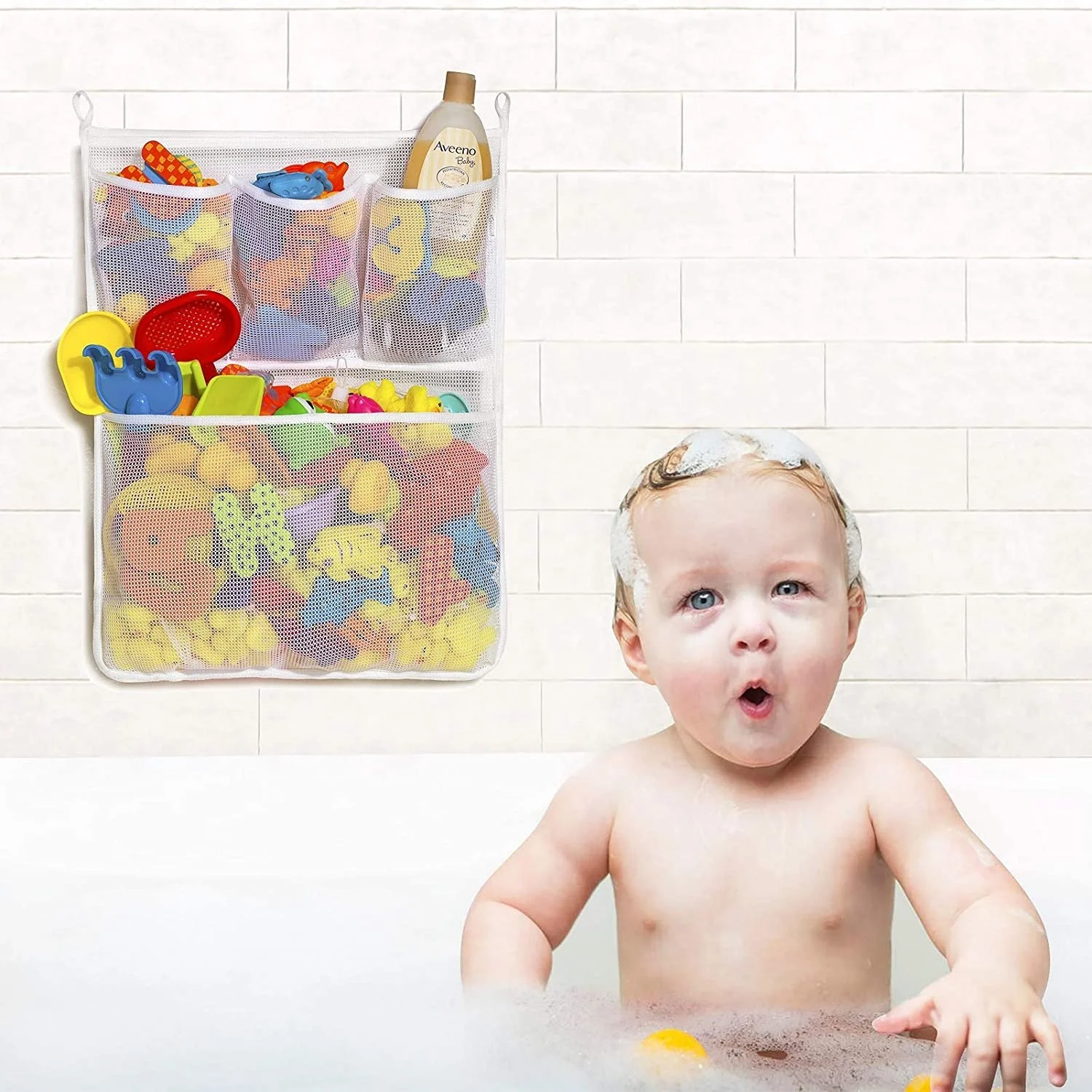 

Baby Shower Bath Toys White Baby Kids Toy Storage Mesh with Strong Suction Cups Toy Bag Net Bathroom Organizer