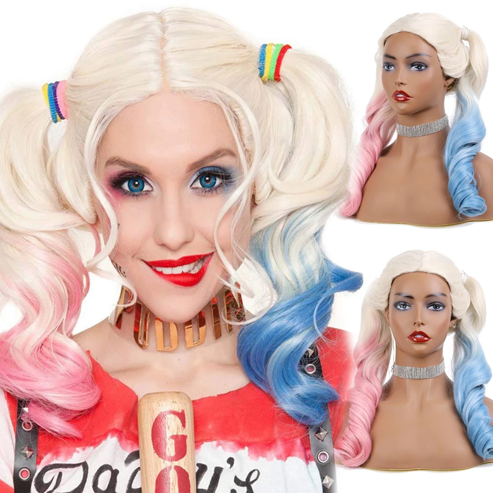 

Harley Quinn Halloween Synthetic Wig Mixed Color Blue and Pink Ombre Wave Hair for Women Heat Resistant Cosplay Wig