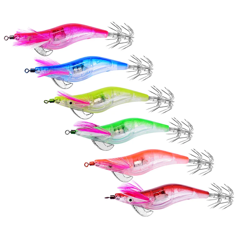 

6pcs/set Flashing LED Fishing Lure Minnow Luminous Squid Jig Shrimp Bait Night with 2.5# hook, 6 color
