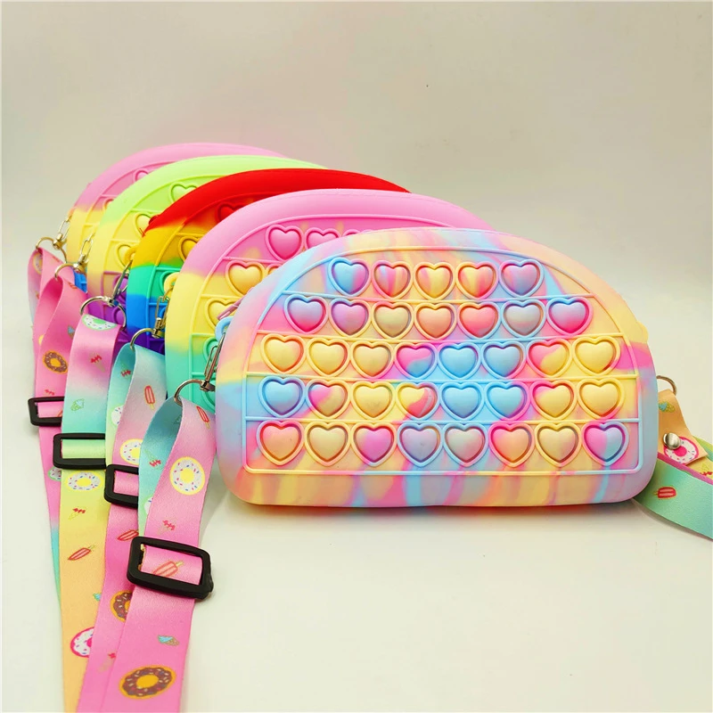 

New Fashion Reliever Stress Silicone Wallet Zipper Push Bubble Fidget Cute Kids Pop It coin Purses And Handbags for Little Girls, 5 colors