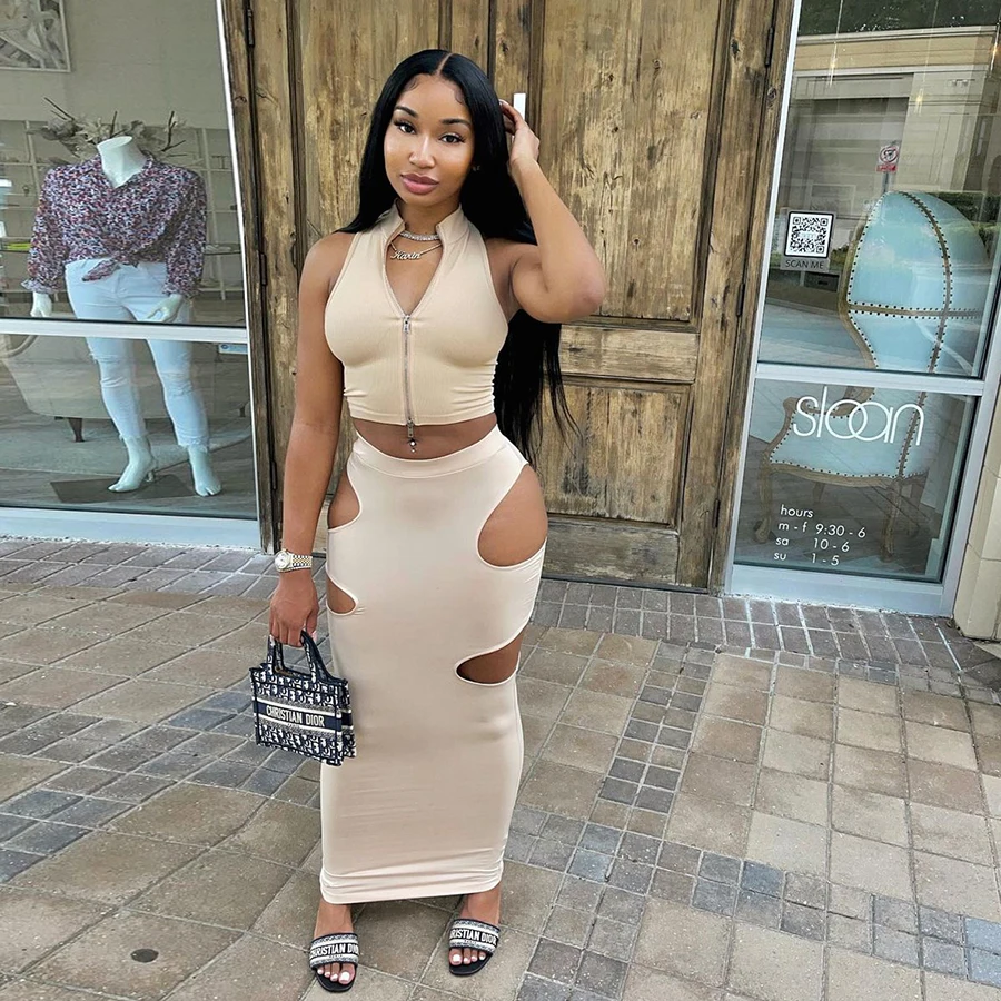 

Peeqi Summer Skinny Solid Club Dresses party wear zipper sleeveless backless cut out dress 2021 Casual Dresses Women