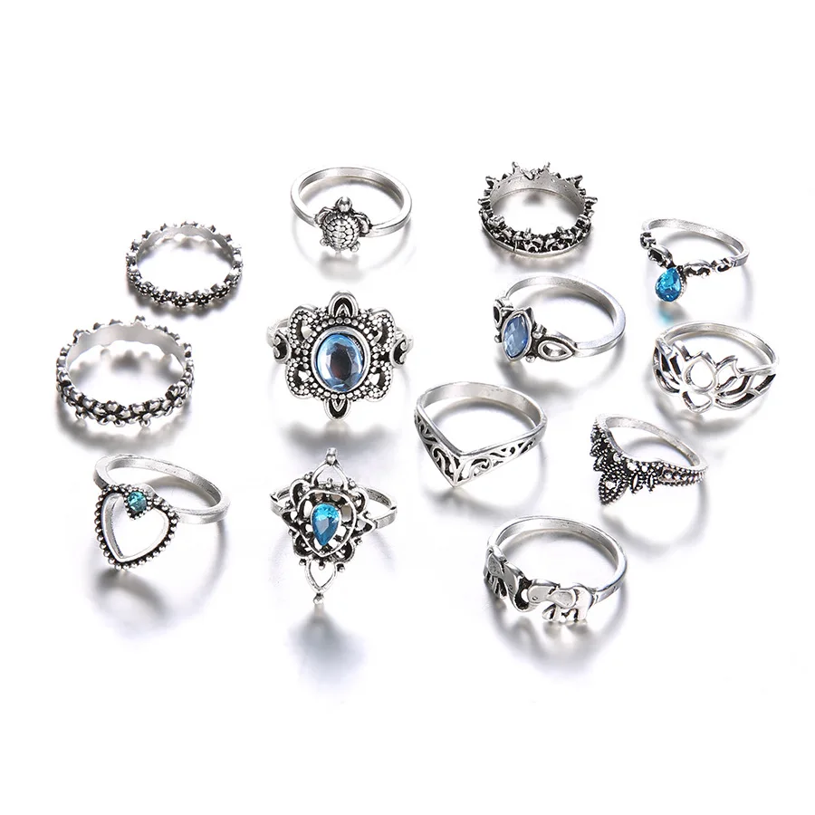 

PUSHI cheap women vintage ring set plated 13 piece combination ring set crown ring