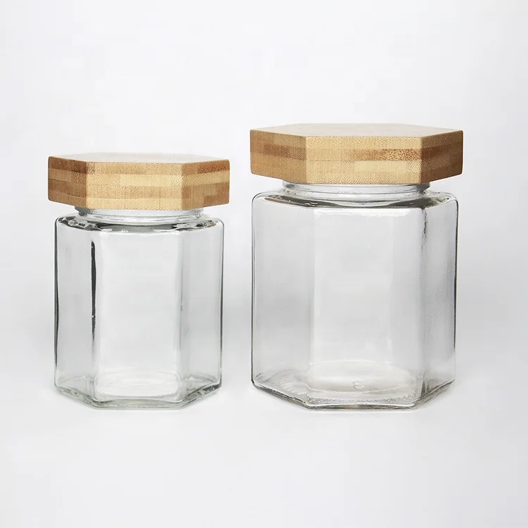 

Top Grade Hexagon Flat Glass Honey Jar with Bamboo lid and Cork NO Leaking, Clear