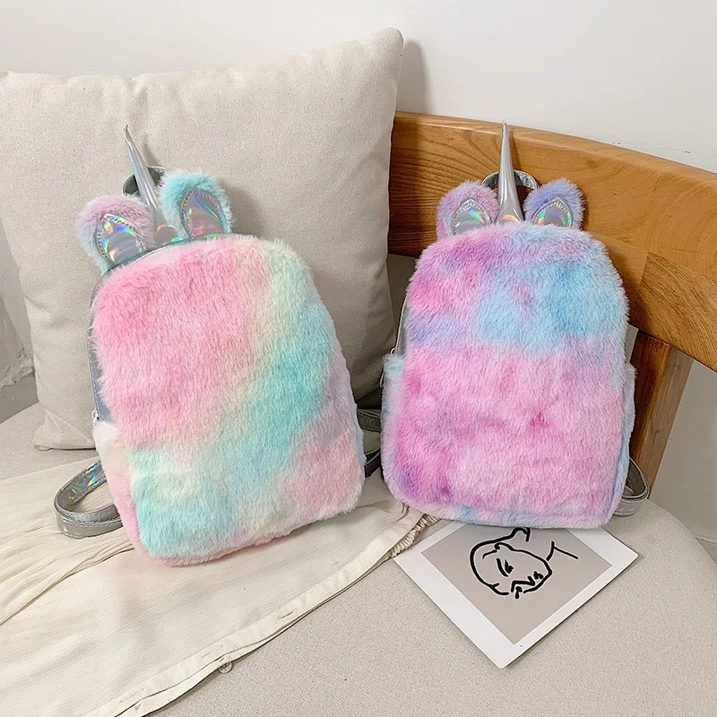 

Wholesale Kids Unicorn Cartoon Small School Book Cute Mini Plush Soft Rainbow color Zipper Unicorn Cartoon backpack bag, 2 color