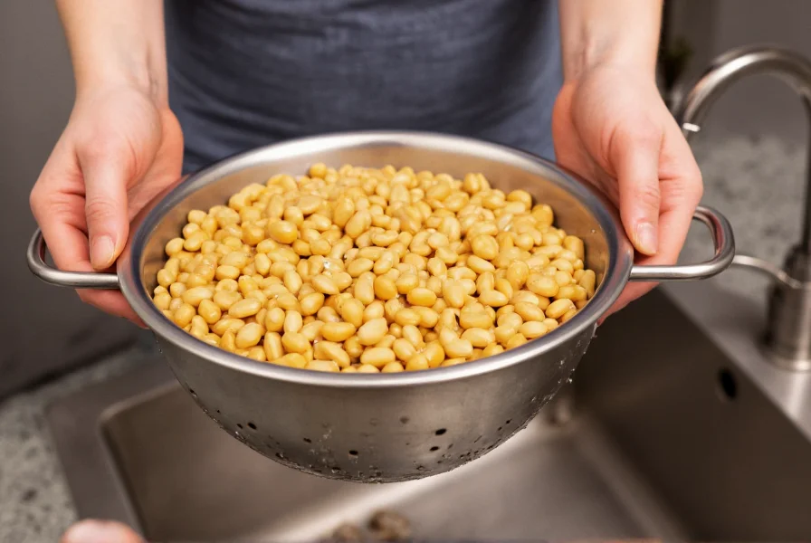 Close-up of hands draining canned beans in a colander over sink