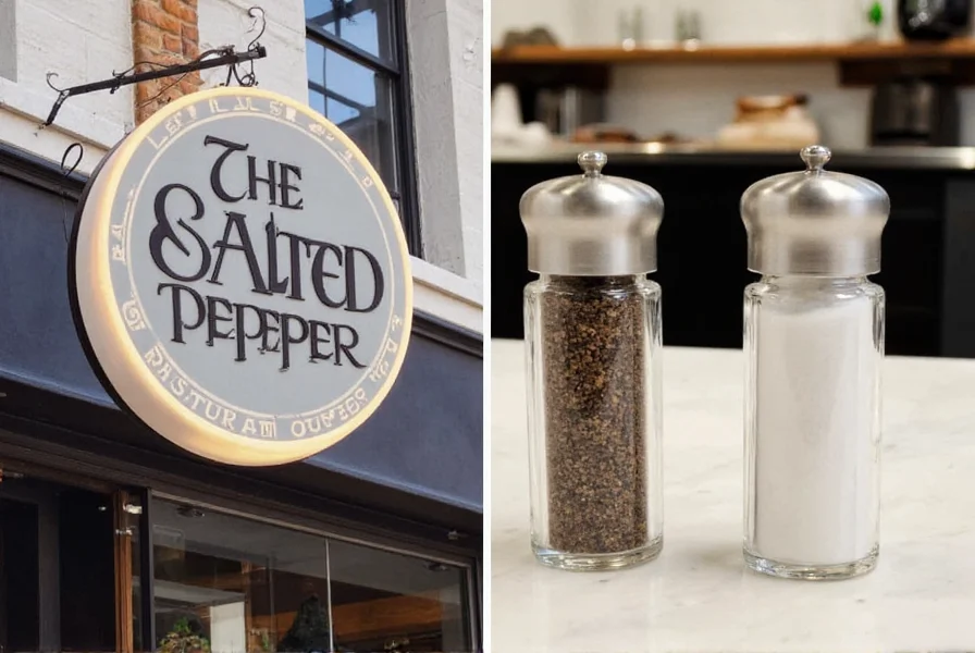 Two side-by-side images: one showing a restaurant sign for The Salted Pepper, another showing salt and pepper shakers on a kitchen counter
