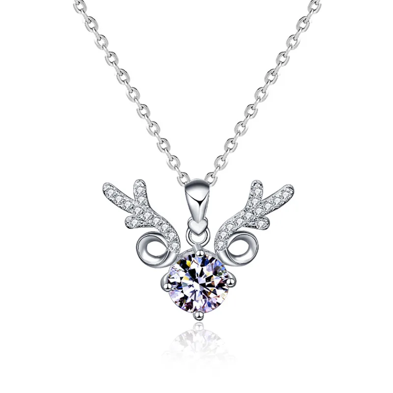 

Christmas Fine 925 silver Necklace Pearl Elk Reindeer Antlers Crystals Gemstone Zircon Bling Chain Jewelry For Women
