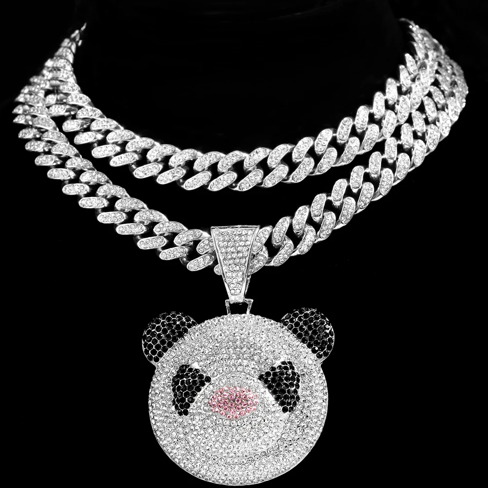 

Hiphop Iced Out Cartoon Panda Head Pendant Necklace Unisex Full Diamond 3D Panda Cuban Link Chain Necklace, Gold silver plated