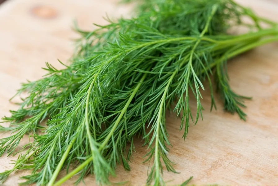 Fresh dill herb sprigs on wooden cutting board