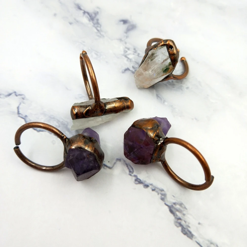 

wholesale amazing natural amethyst crystal tough gemstone clear quartz open rings handmade bronze plated jewelry resizable ring, As picture shows