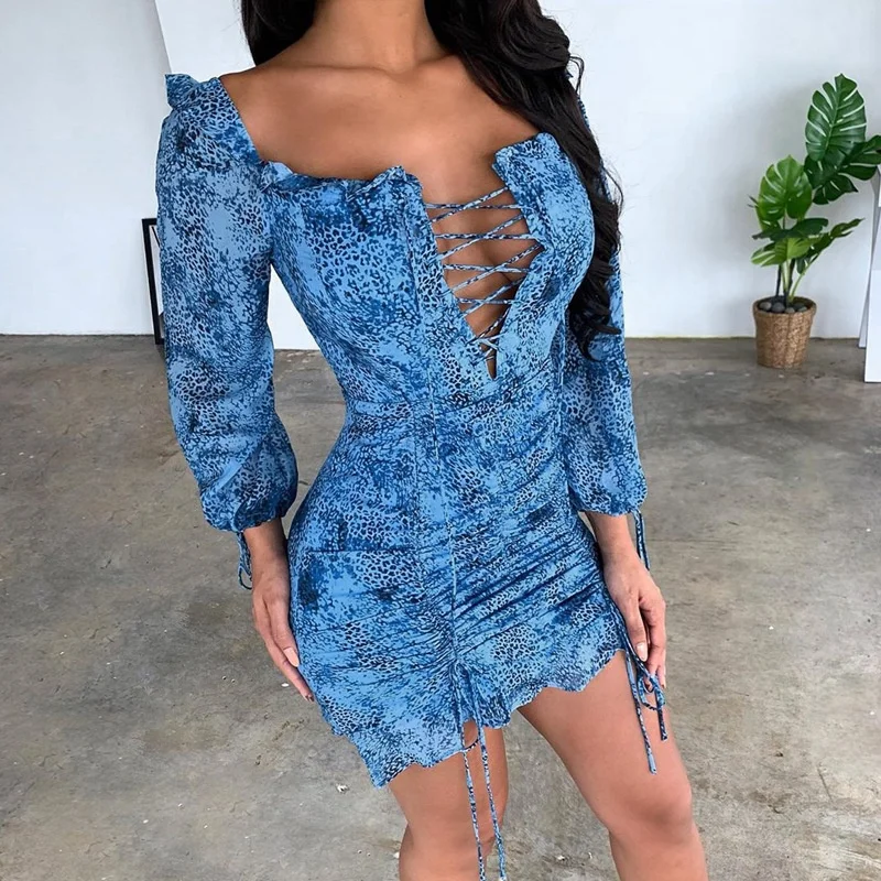 

B51640A Women sexy lantern sleeve fashion hollow out drawstring dress, Blue