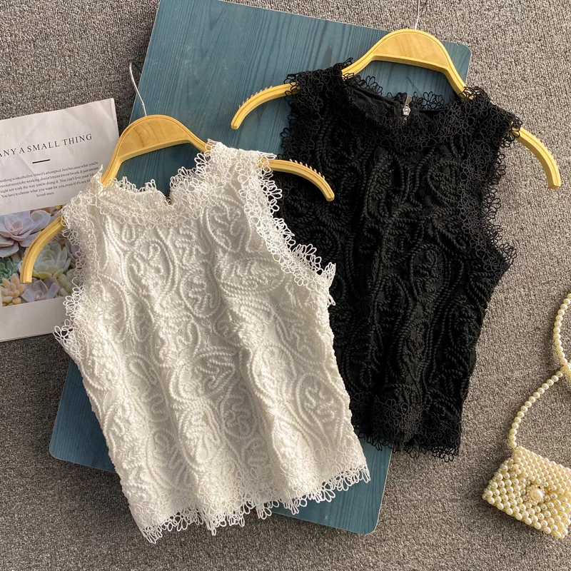 

Wholesale 2021 Spring and Summer Fashion Casual Sleeveless Hollow Lace Shirt Round Neck Back Zipper Short Ladies Vest, Black,white