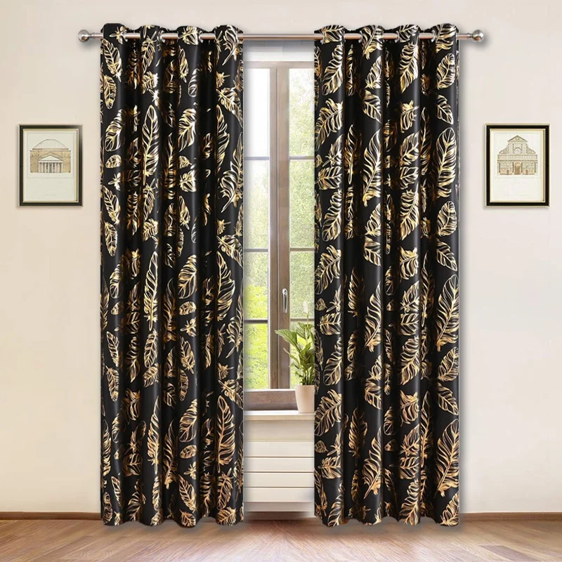 

Bindi Wholesale Metallic Feather Pattern Black Soundproof Living Room Thermal Insulated Foil Printed 100% Blackout Curtain