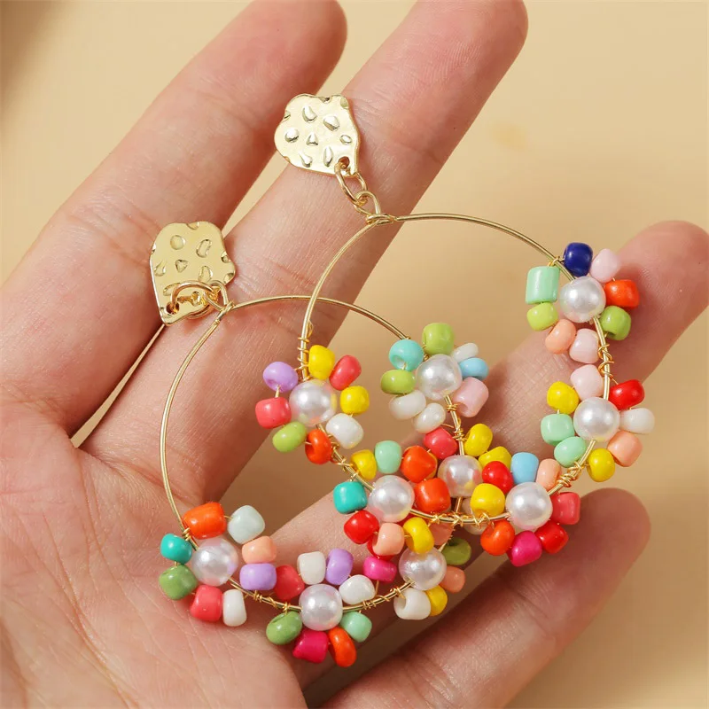 

Yingchao 2020 Fashion Bohemia Retro Pure Handmade Beaded Flower Heart Hoop Statement Pendant Drop Stud Earrings Women Jewelry