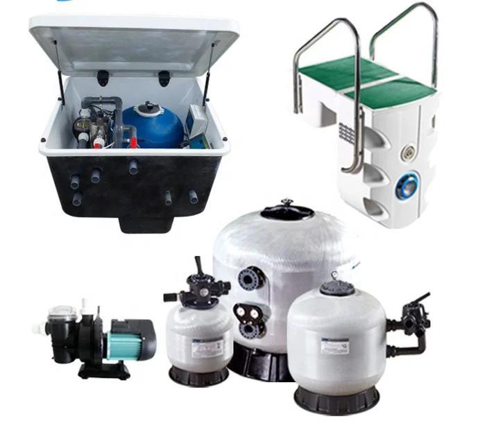 complete set swimming pool equipment including sand filter, pump, underwater LED light, pool ladder, waterfall