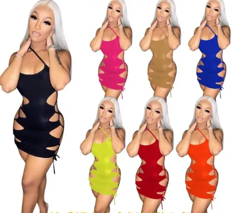 

Summer Beachwear Hollow Out Bodysuit Solid Sexy Outfit Mini Skirt Spring Party Casual Dress For Women, 7 colors