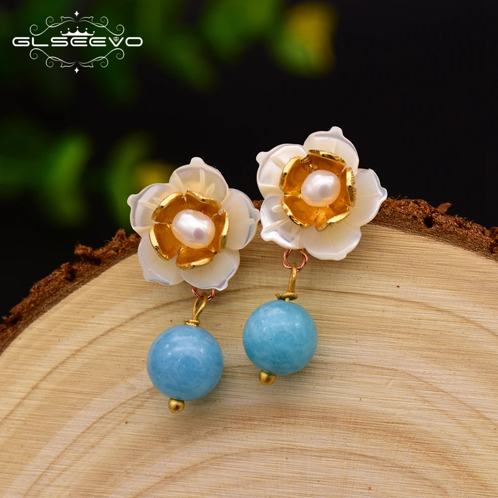 

Sterling Silver Natural Blue Stone Drop Earrings For Women Freshwater Pearl White Flower Earrings female Handmade