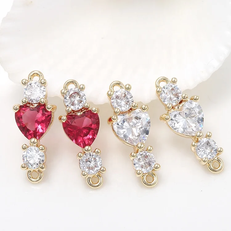 

Factory Wholesale Inlaid Red or White Zircon 14K Gold Plated Heart Shape Double Hanging Charm