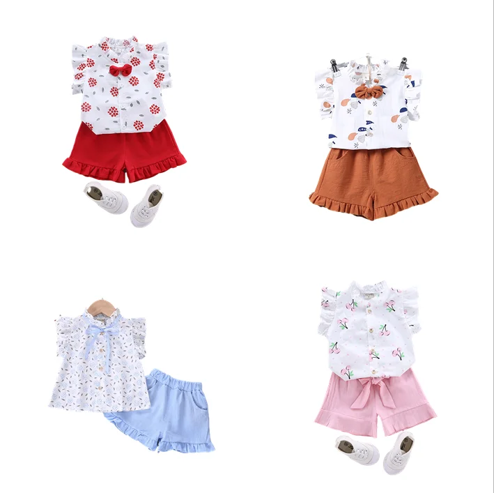 

2020 Summer sleeveless flower fruit snow bow top pants two pieces set printing baby cotton clothes for wholesale, As pic shows, we can according to your request also