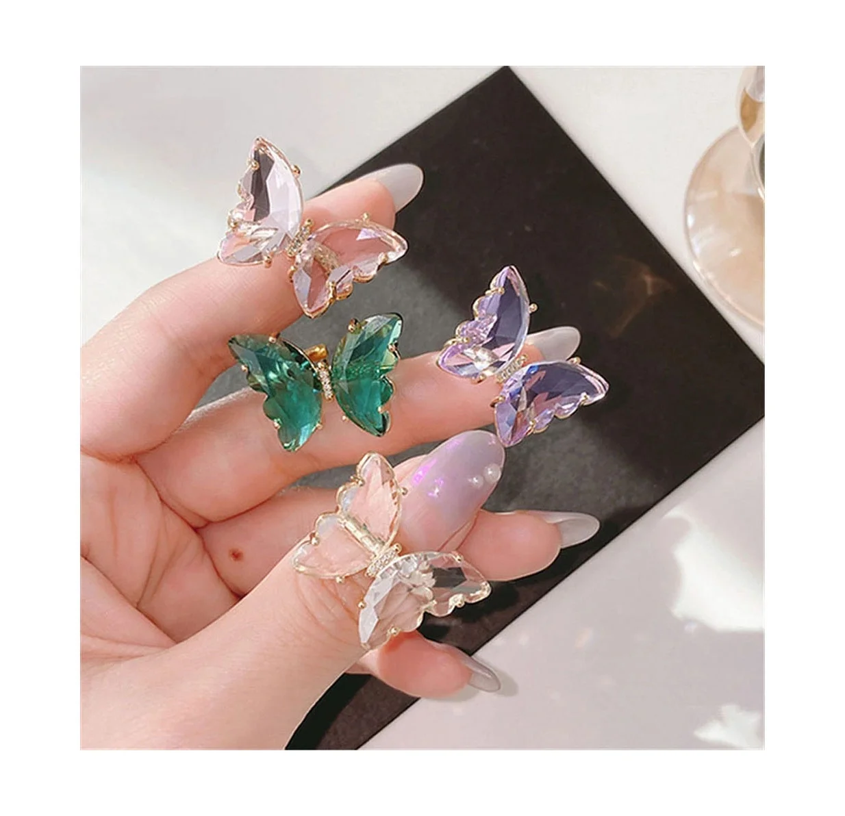 

Elegant Colorful Transparent Stainless Steel Glass Butterfly Ring Women Simple Style Candy Color Rings, Custom colors accepted