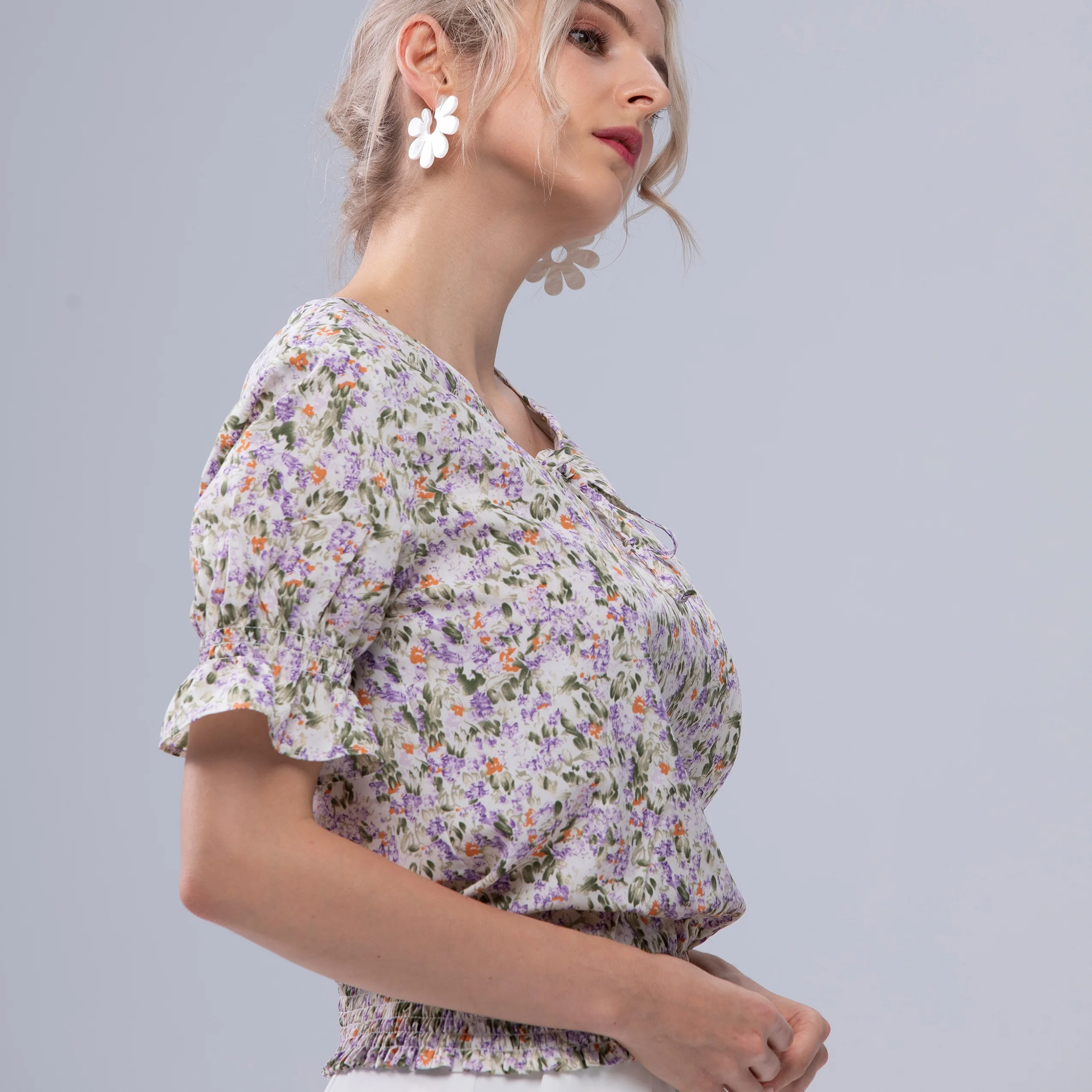 

Ladies Summer Casual Printed Short Ruffle Sleeve Smoked Bottom Shirts Blouses for Women
