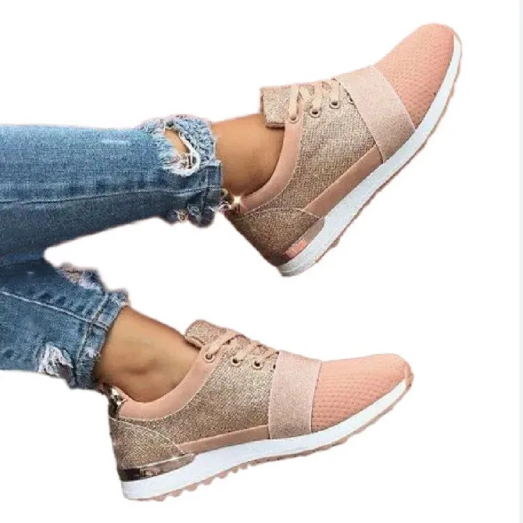 

Factory Outlet Women Fashion Sneakers Solid Color Round Toe Sequins Lace-up Platform Ladies Running Shoes