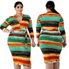 Plus Size Women Clothing Dress Long Sleeve Bodycon Dress Rainbow Bandage Dress