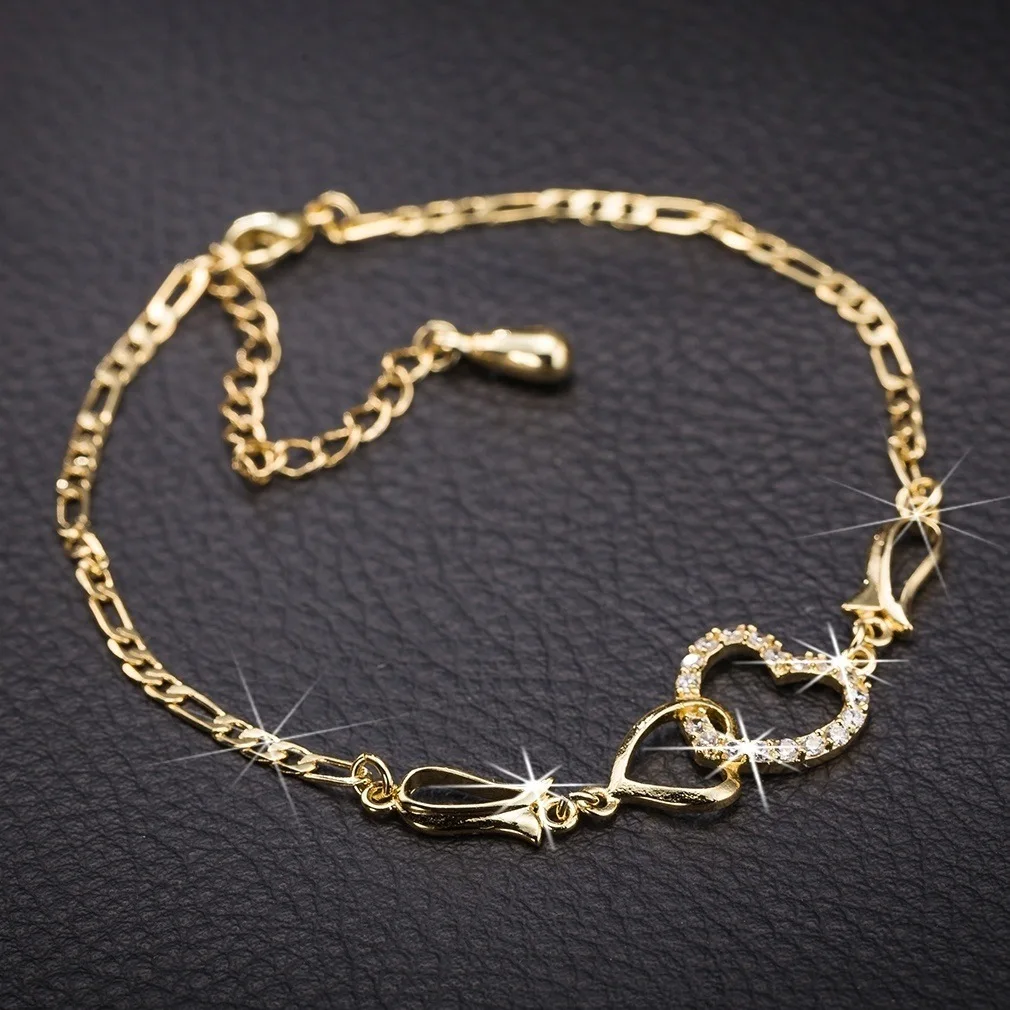 

2020 Ins Fashion 18k Gold Plated Stainless Steel Crystal Heart Shape Anklet, Gold silver