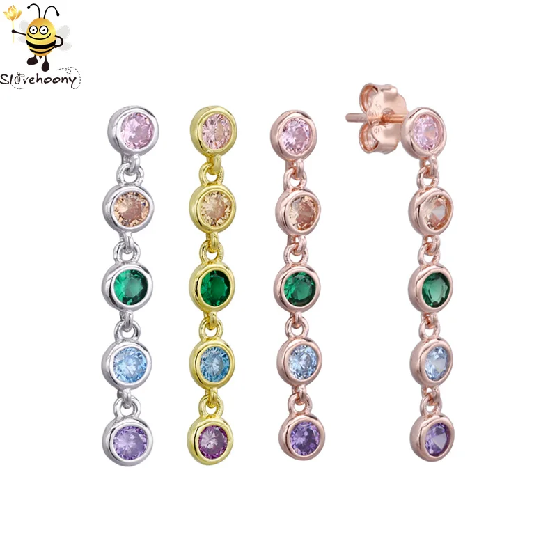 

Factory Costom Colored Stone 925 Sterling Silver Jewelry Bling Rainbow CZ Dangle Waterfall Drop Stud Earrings For Fashion Women, Silver/24 gold plated