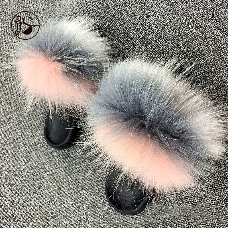 

footwear ladies Real raccoon fur slippers 2021 Colorful fur slides custom soft women slippers, Picture