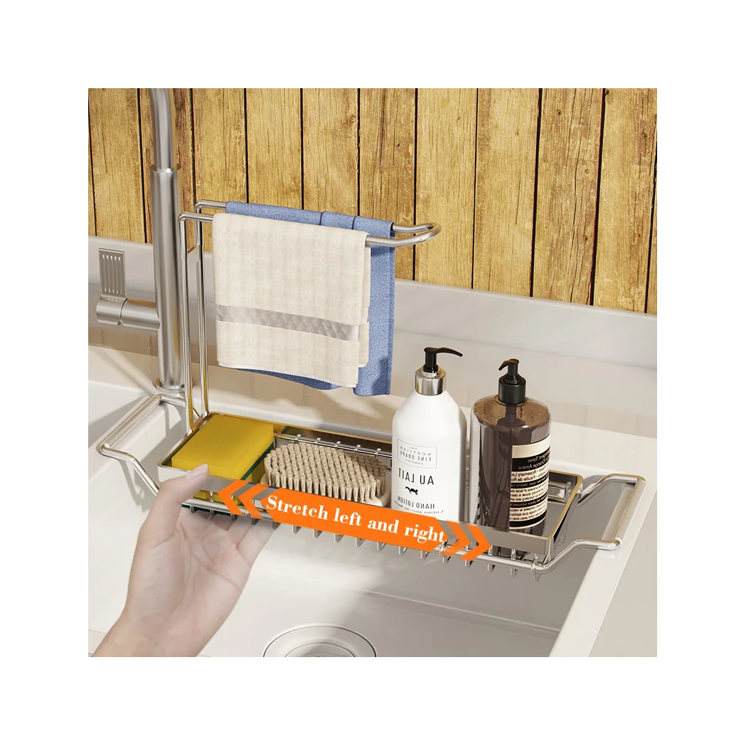 

304 stainless steel telescopic sink holder expandable storage drain basket rack sponge soap holder drainer sink tray for kitchen, Black/ stainless steel color