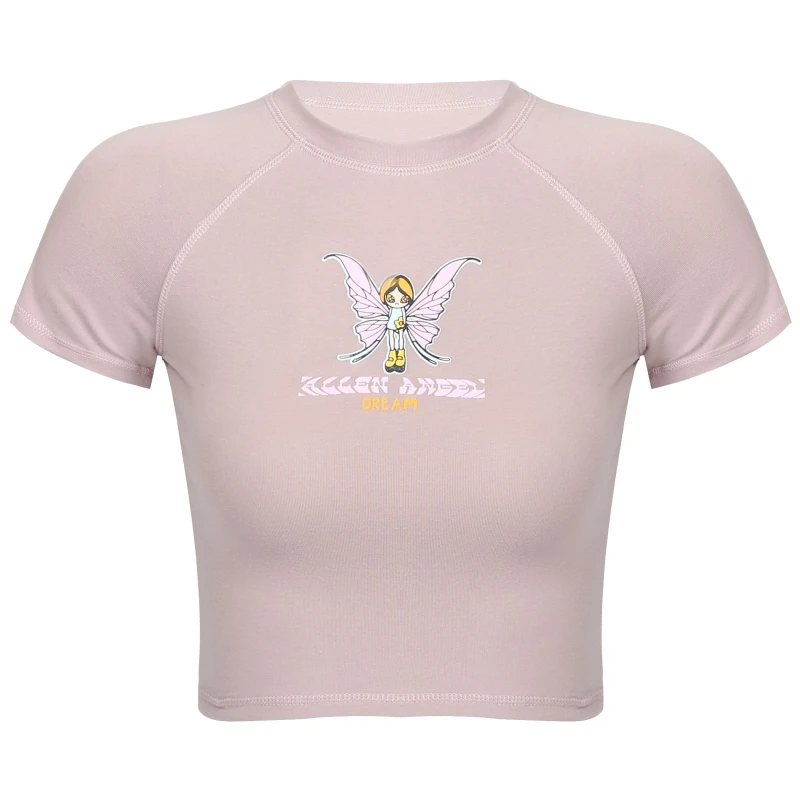 

In Stock Butterfly Printed T-shirt Women Solid Color Round Neck Short Sleeve Crop Top