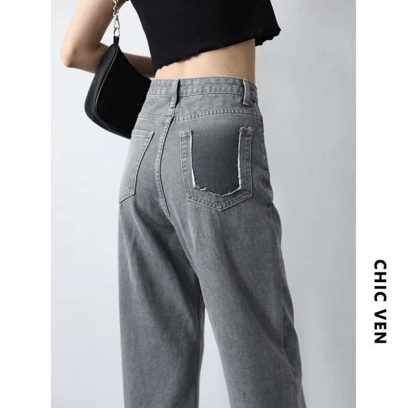 

CHIC VEN Retro Casual Grey High Waist Straight Jeans For Women Summer