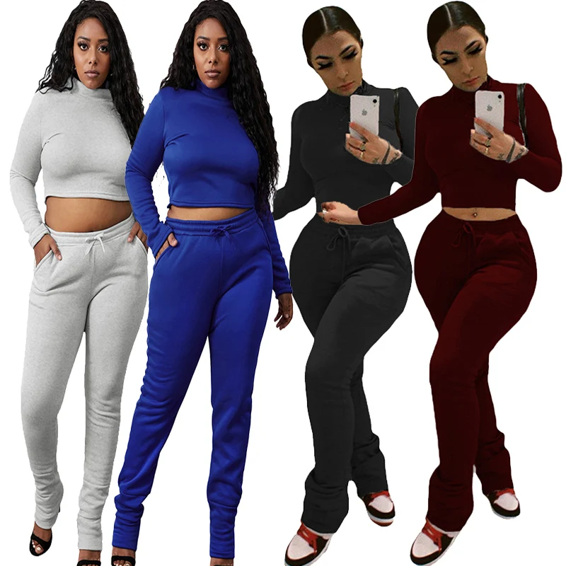 

2021 Wholesale Plus Size 2 Piece Stacked Pants Two Piece Pants Set Sweat Suit Women Sweatsuit Set