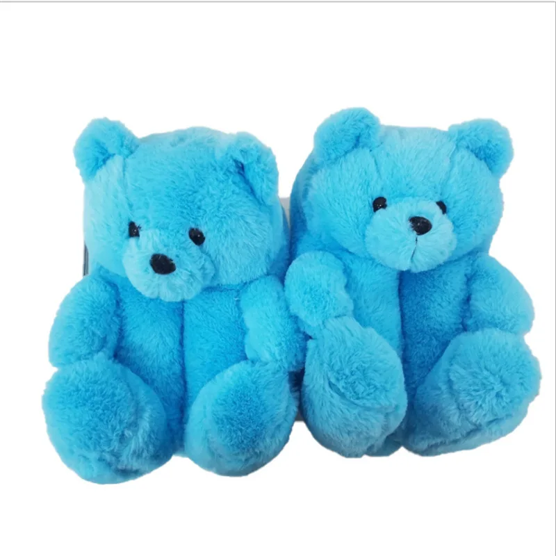 

Women Blue Teddy Bear Slippers  2021 Lovely Winter Sleepers Shoes For Girls New Arrivals Furry Bear Slippers, Customized color