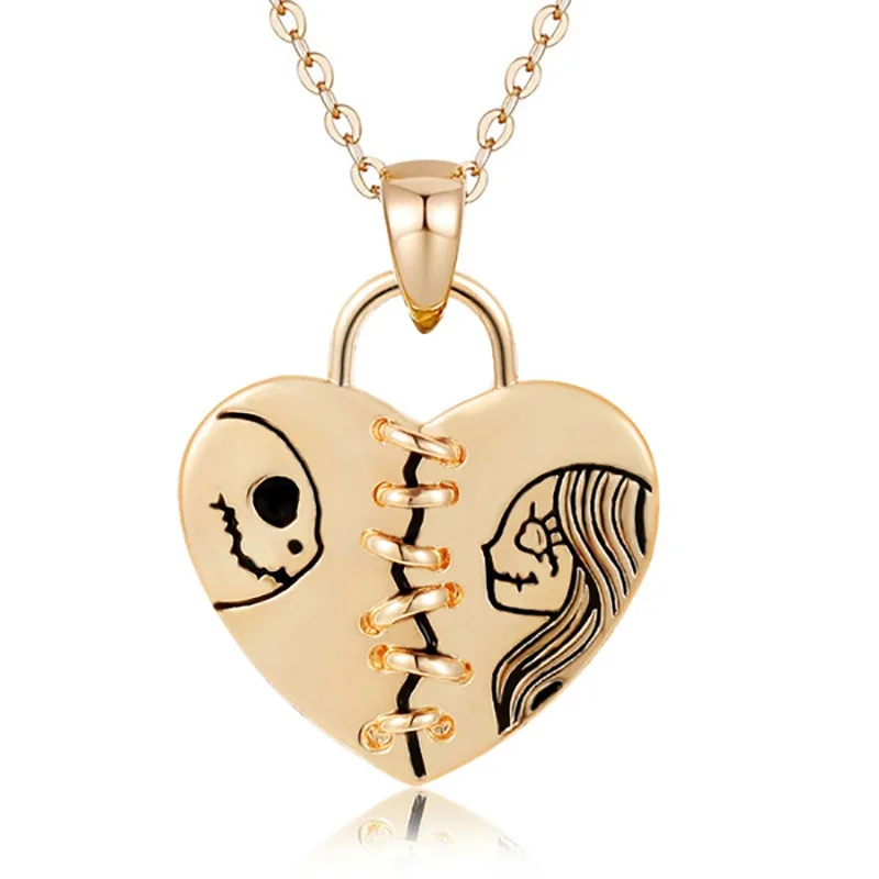 

Cartoon Nightmare Christmas Jack and Sally Heart Pendant Necklace Jewelry For Women