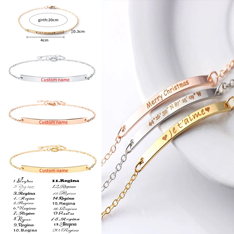 

Wholesale Women Adjustable Stainless Steel 14k Gold Plated DIY Custom Engraved Initial Bar Blank Id Name Bracelet Personalized, Silver/gold/rose gold