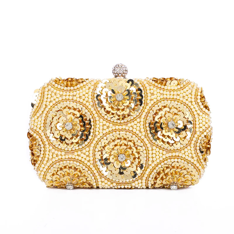 

2022 Latest Style Luxury Pearl Round Flower Sequins Clutch Women Purse Diamond Chain White For Party Crystal Evening Bags, Accept customized