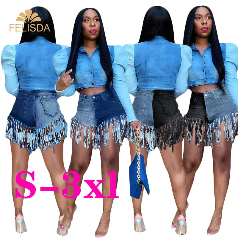 

Tassel Short Jeans Women 2021 Fashion Streetwear Patchwork Elastic Ladies Jean Summer Plus Size Sexy Denim Shorts