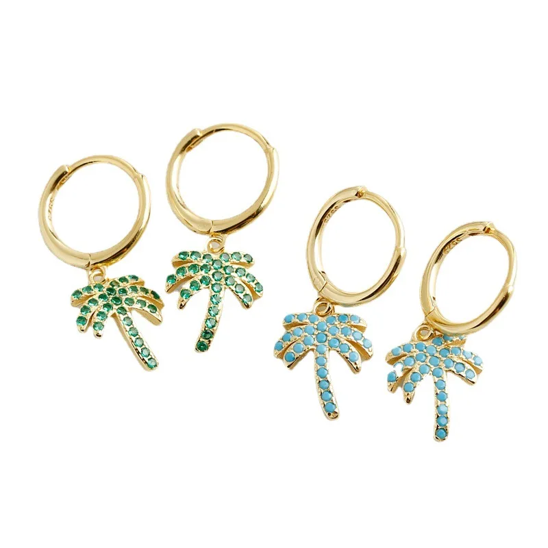 

925 sterling silver summer CZ turquoise coconut tree drop hoop earrings gold plated women jewelry