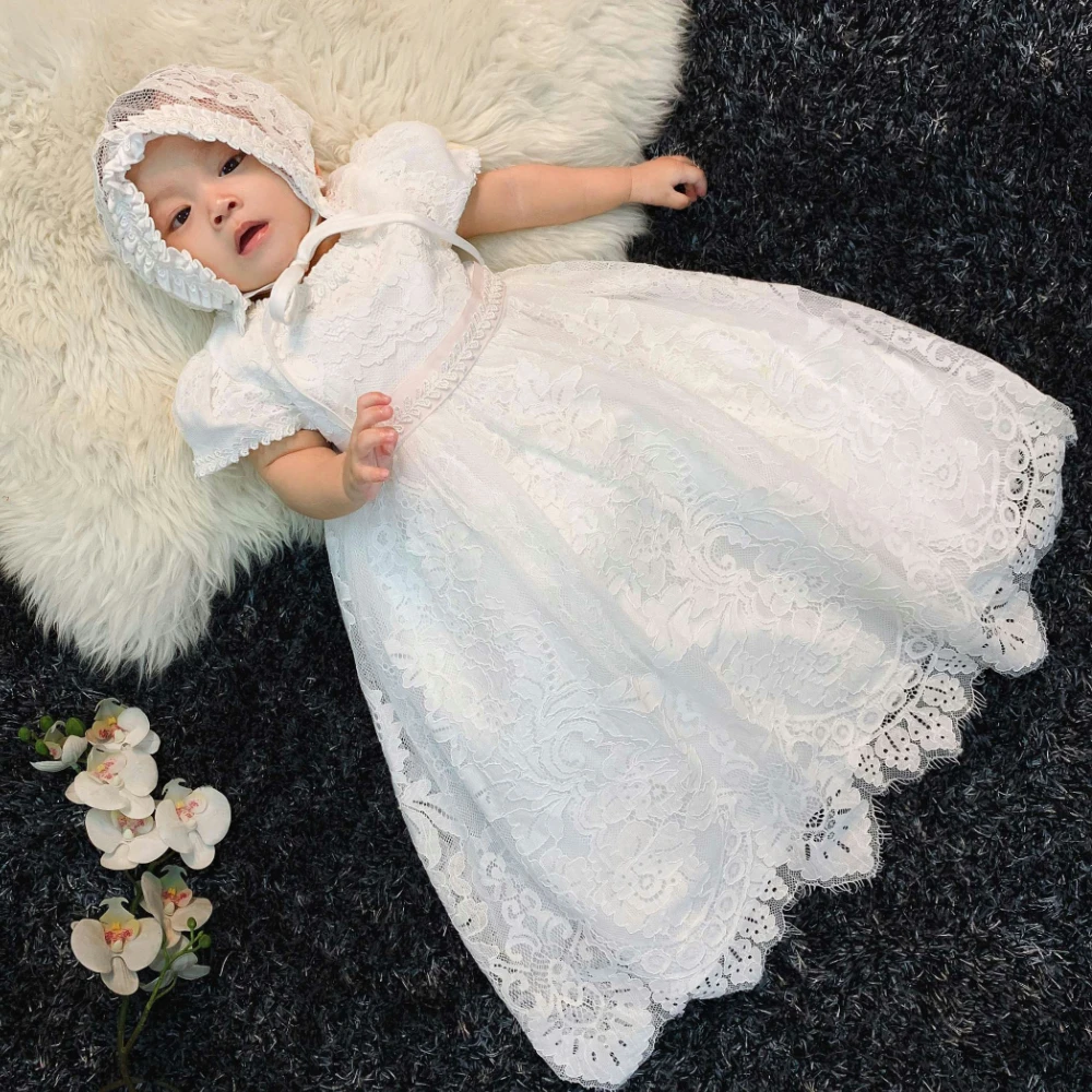 

Baptismal Extra Long Dress Christening Gown Baby Party Dress Lace Wedding Wear With Hat B-9778, White