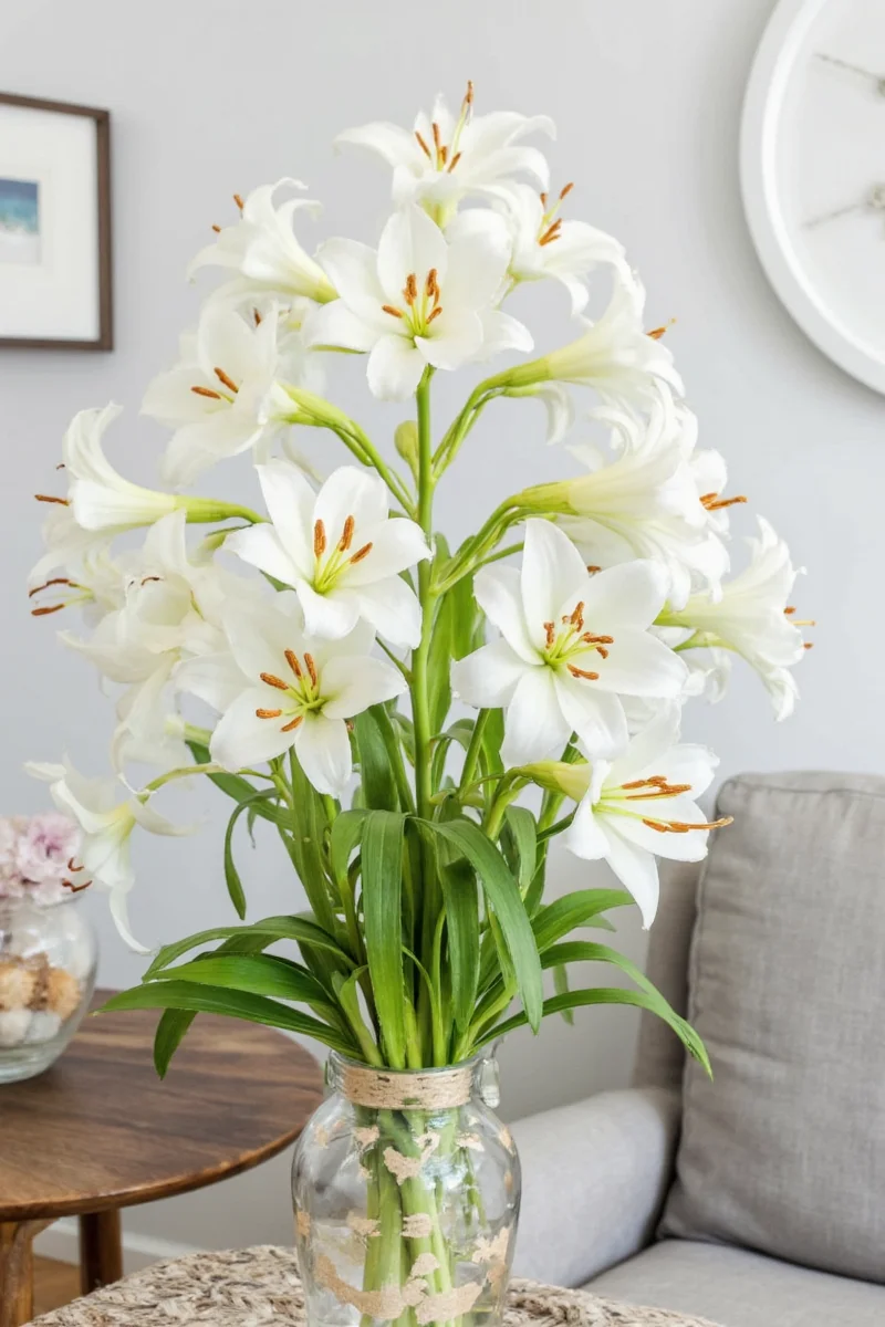 Outdoor garden with blooming white lilies