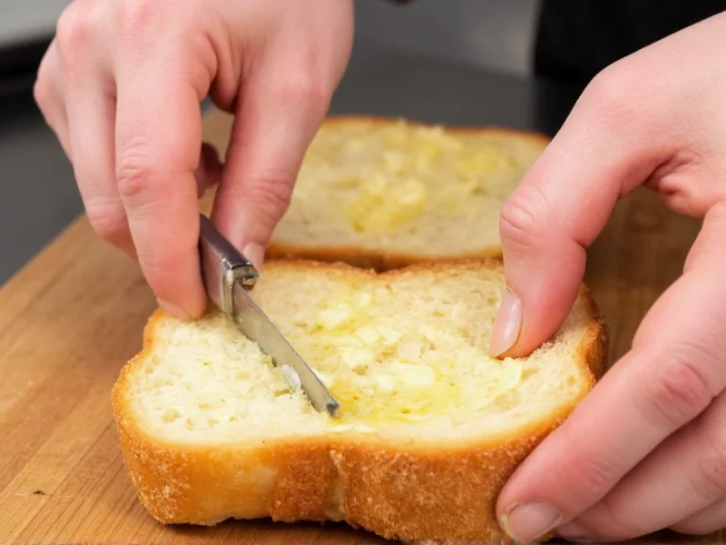 Hands spreading garlic butter on sliced French bread