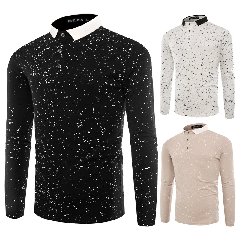 

new men's fashion matching color snowflake wave point casual slim long-sleeved POLO shirt, Customized color
