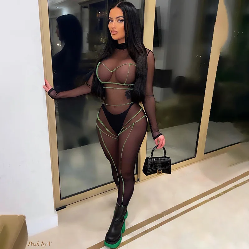 

2022 Spring New Arrival Sexy Mesh Perspective Bodysuit Hip Lift One Piece Jumpsuit Woman Clothing